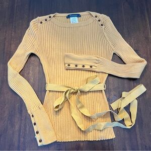 Cartonnier Anthropologie Mustard Yellow Rib Knit Belted Sweater Buttons Size S